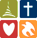 Community of Christ logo with temple spire, cross, heart and dove